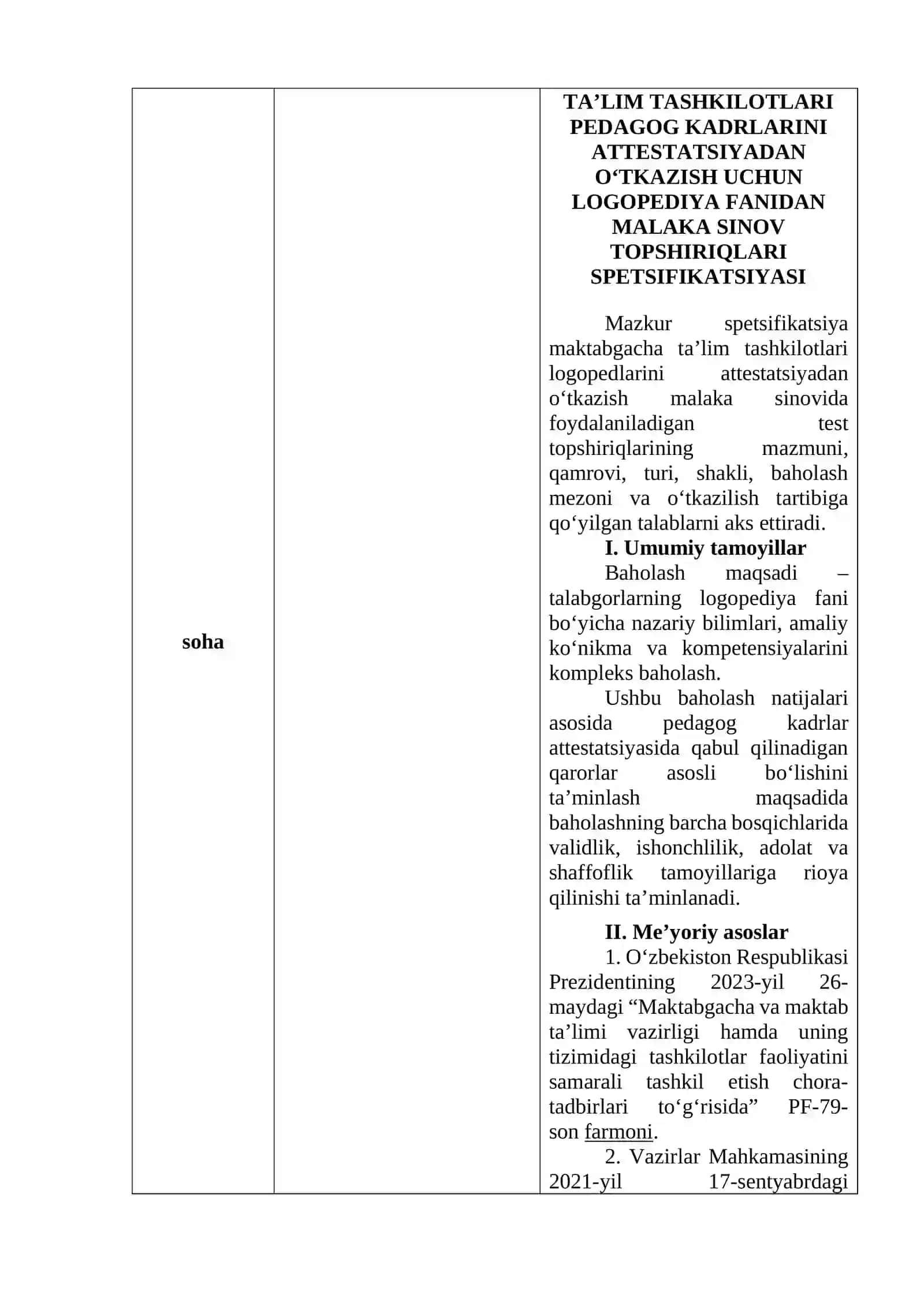 MAKTABGACHA TAʼLIM TASHKILOTLARI PEDAGOG KADRLARINI ATTESTATSIYADAN OʻTKAZISH UCHUN LOGOPEDIYA FANIDAN MALAKA SINOV TOPSHIRIQLARI 2