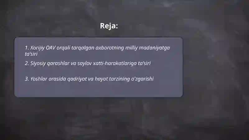 Xorijiy ommaviy axborot vositalarining orqali tarqatiladigan axborotning natijasida qanday ijtimoiy oʻzgarishlarni yuz berish mumkin 2