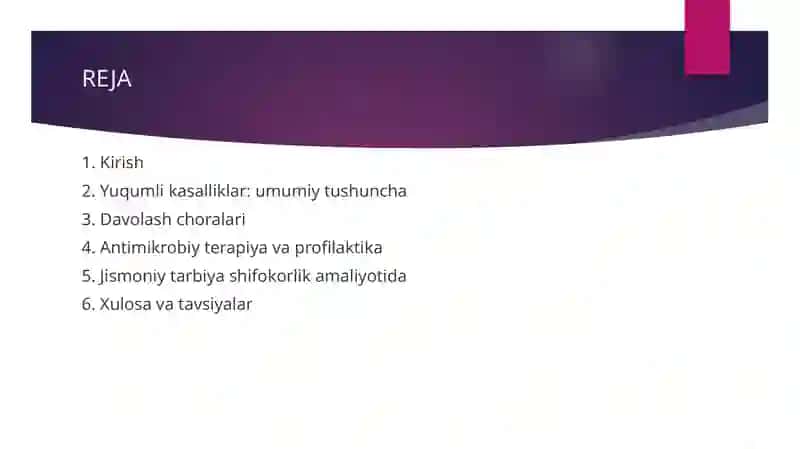 Yuqumli kasalliklarda davolash choralari.Shifokorlik amaliyotida jismoniy tarbiyaning ahamiyati. 2