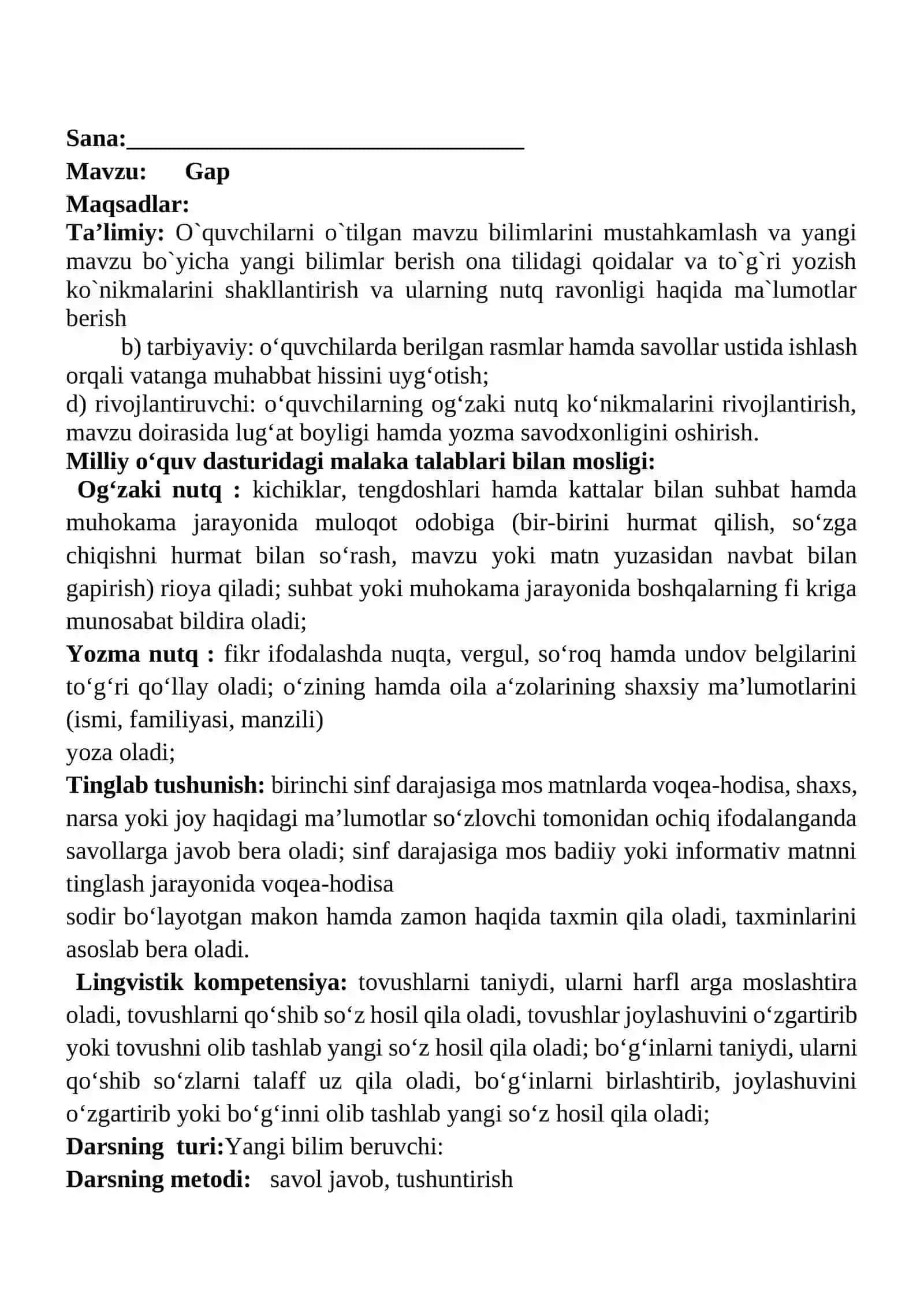 Gap 1-sinf ona tili dars ishlanmasi 2