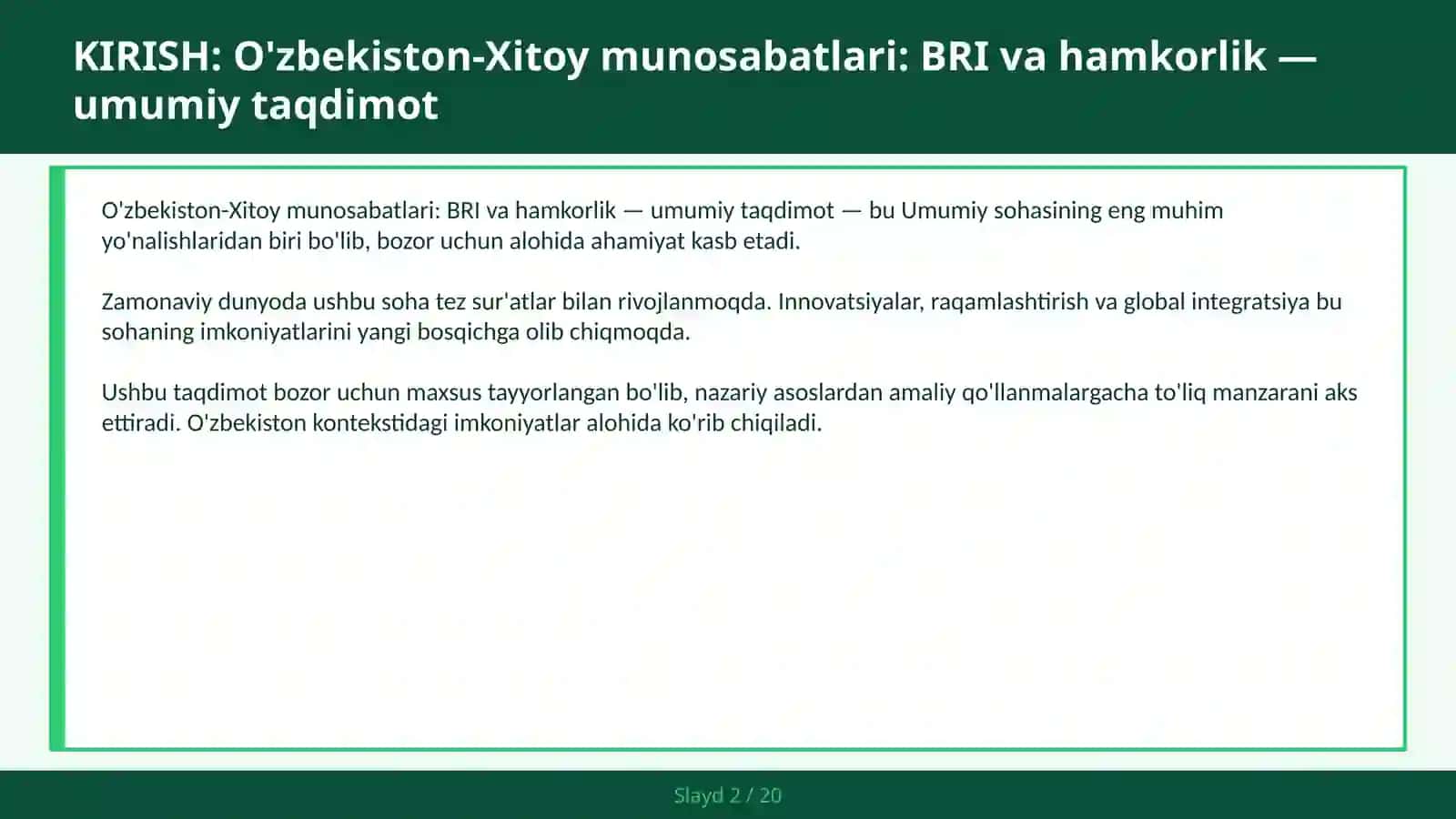 O'zbekiston-Xitoy munosabatlari: BRI va hamkorlik — umumiy taqdimot 2