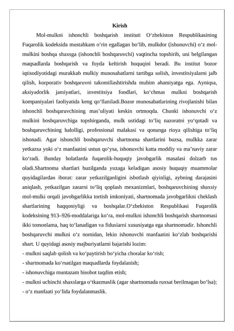 Mol-mulkni ishonchli boshqarish shartlarini buzganlik uchun fuqarolik- huquqiy javobgarlik muammolari 2