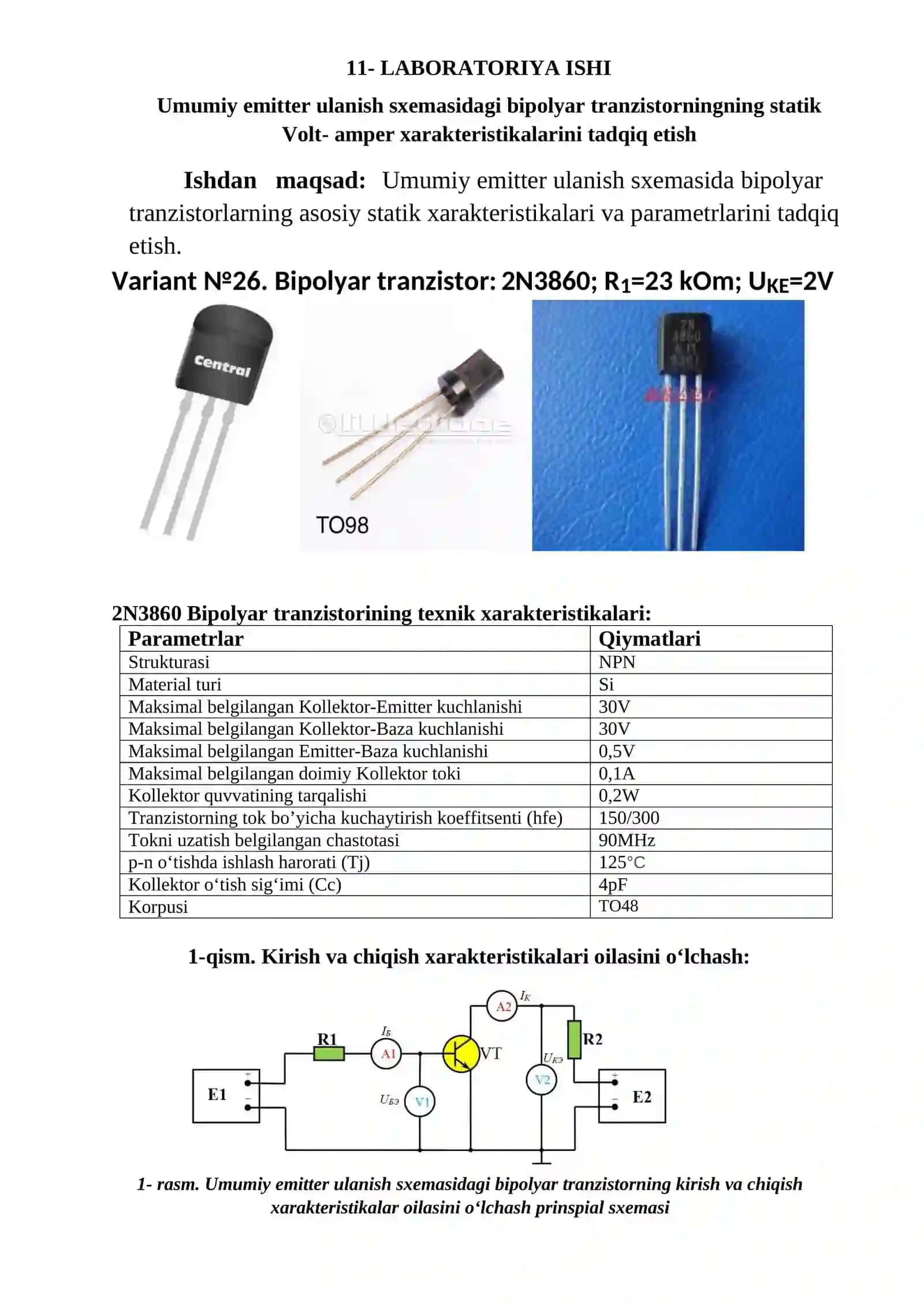 Umumiy emitter ulanish sxemasidagi bipolyar tranzistorningning statik Volt- amper xarakteristikalarini tadqiq etish 2