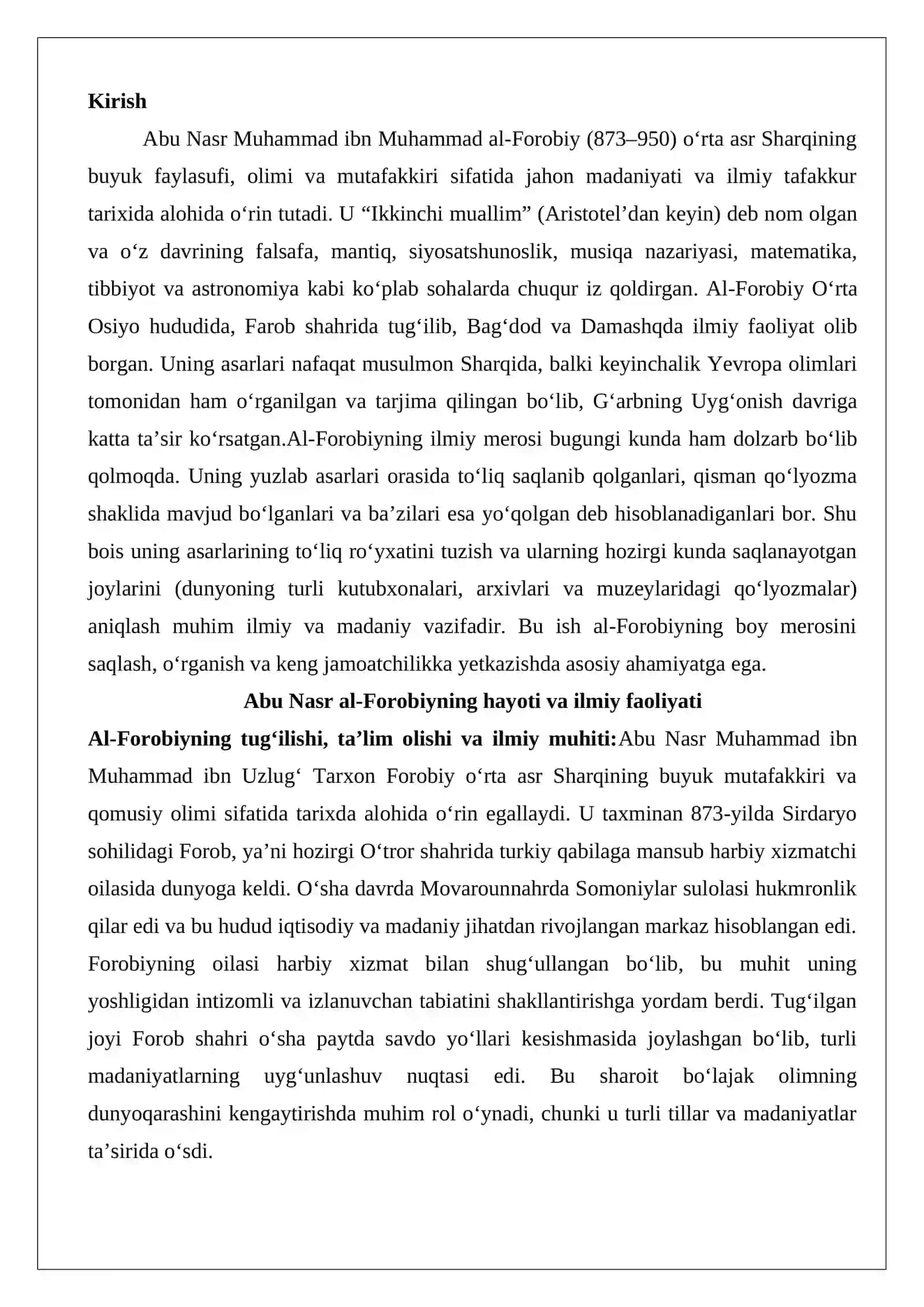 Abu Nasr al-Forobiy asarlarining roʻyxatini tuzish hamda ularning bugungi kunda saqlangan makonlari 2