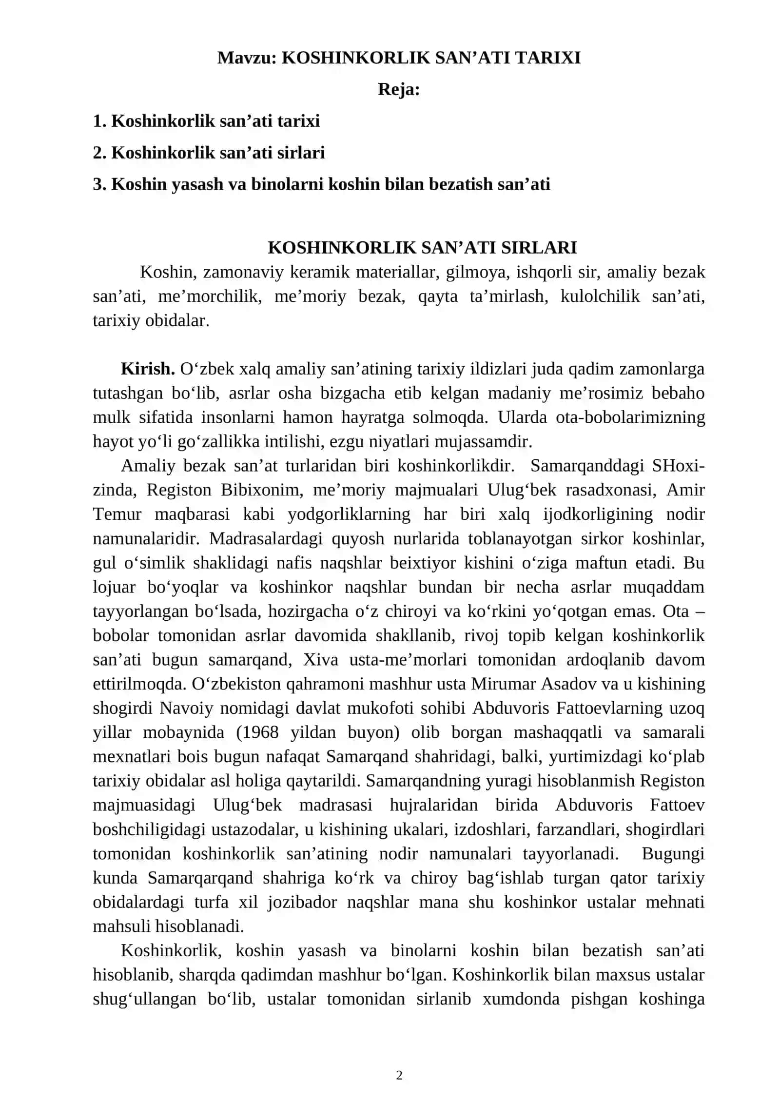 KOSHINKORLIK SAN’ATI TARIXI. Mustaqil ish 2