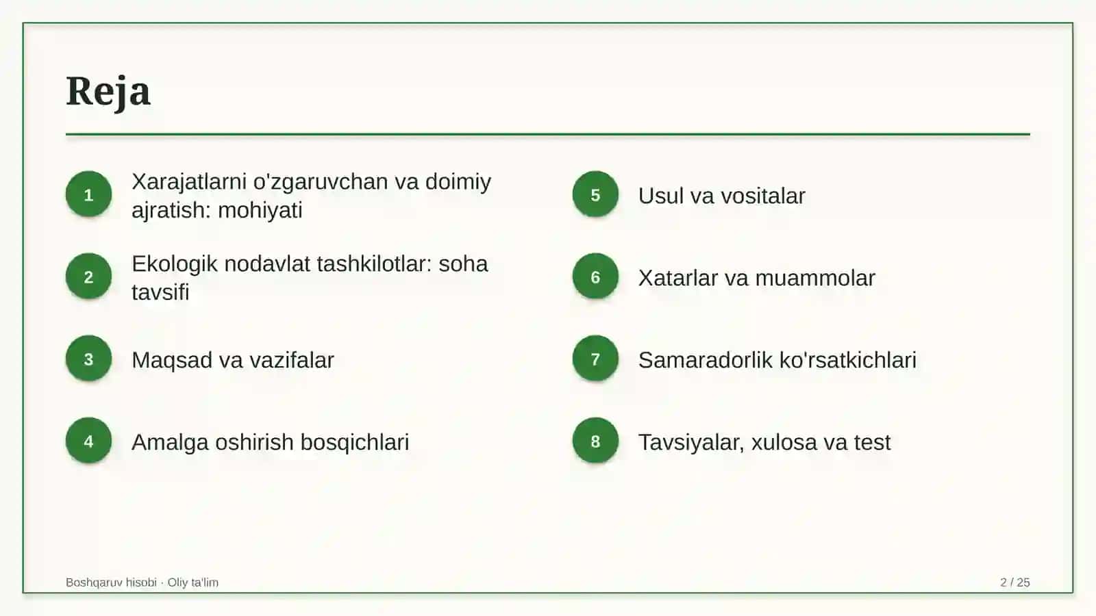 Ekologik nodavlat tashkilotlarda xarajatlarni o'zgaruvchan va doimiy qismlarga ajratish 2