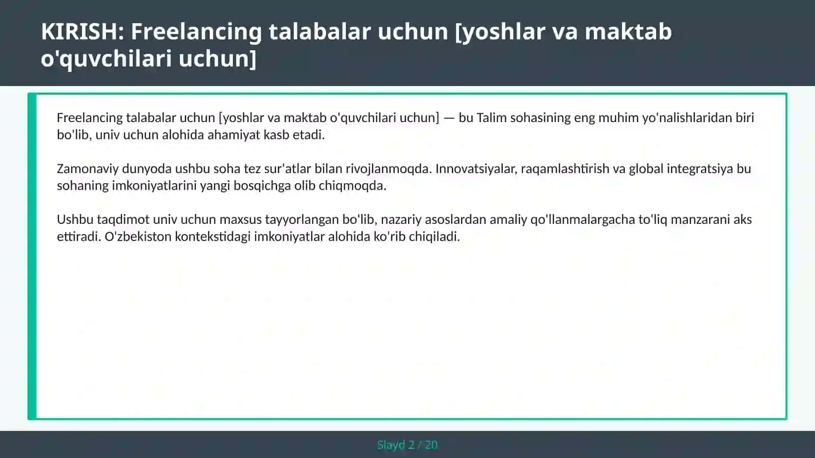 FREELANCING TALABALAR UCHUN [YOSHLAR VA MAKTAB O'QUVCHILARI UCHUN] 2