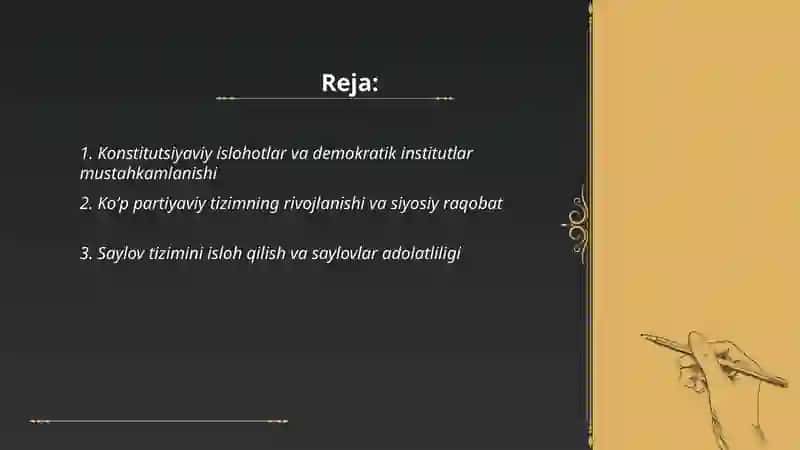 Oʻzbekistonda demokratik fuqarolik jamiyati asoslarining shakillanishi amalga oshirilgan siyosiy islohatlar 2