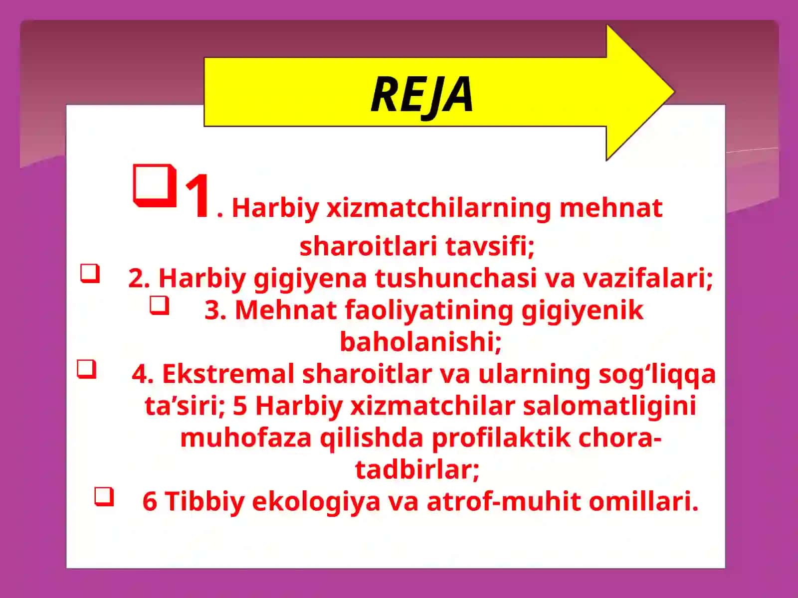 Harbiy Gigiyeana va harbiy xizmatchilarning mehnat sharoitlari 2