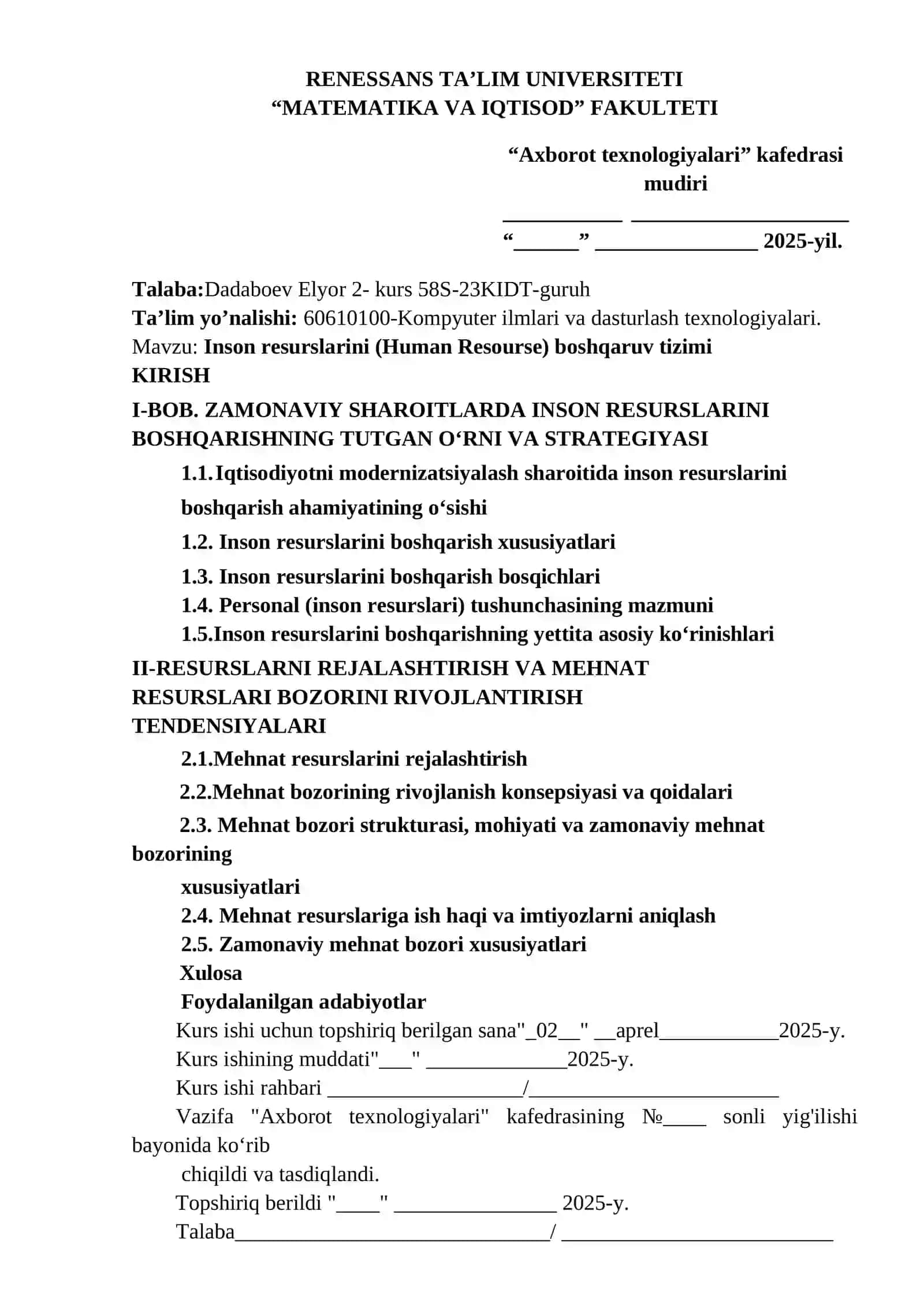 Inson resurslarini (Human Resourse) boshqaruv tizimi 2