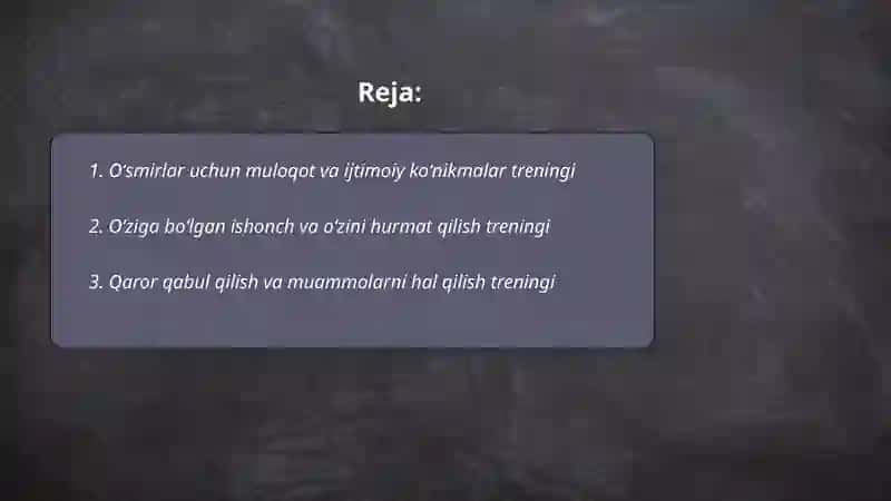 Oʻsmirlar uchun muloqot va ijtimoiy koʻnikmalar treningi 2