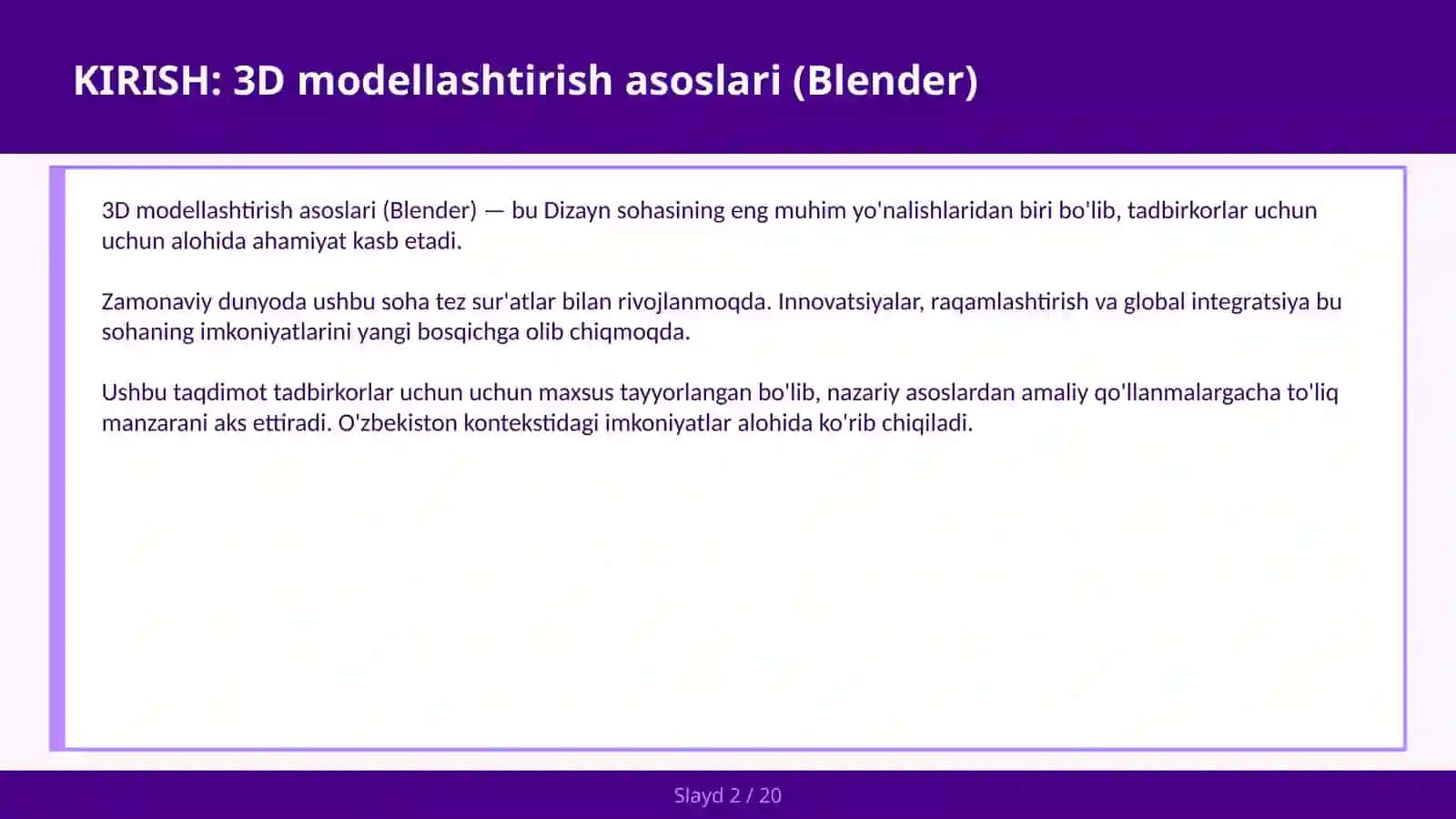 3D MODELLASHTIRISH ASOSLARI (BLENDER) 2