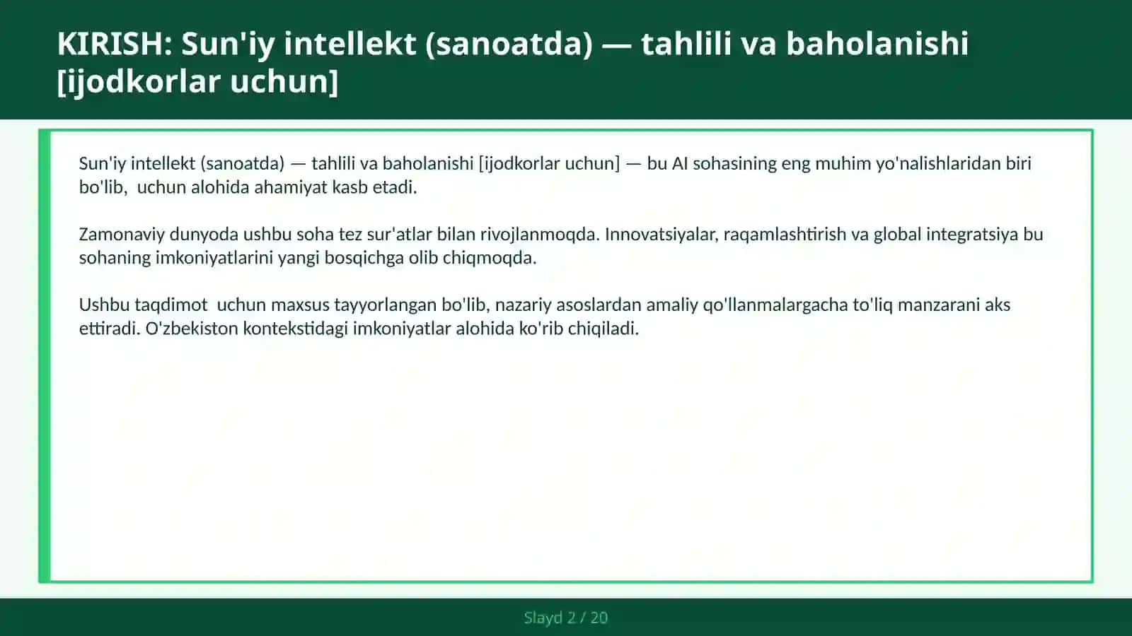 SUN'IY INTELLEKT (SANOATDA) — TAHLILI VA BAHOLANISHI [IJODKORLAR UCHUN] 2