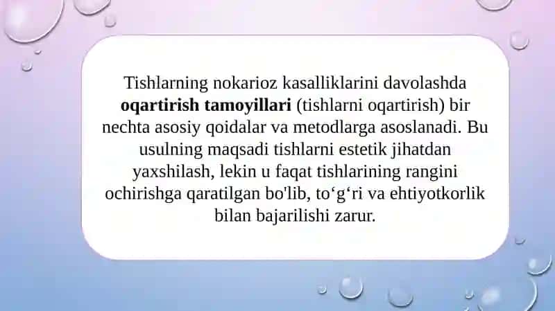 Tishlarning nokarióz kasalliklarida oqartirisk tamovillari.Ko'rsatma va qarshi ko'rsatma. Qo'llash uslublar i .Ot'kazish texnikas i.Profilaktika 2