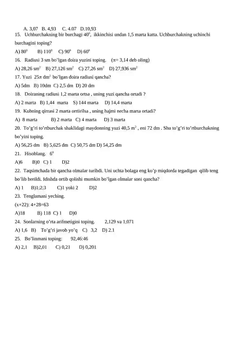 6-sinf uchun matematika fanidan testlar (25 talik) I yarim yillik 2