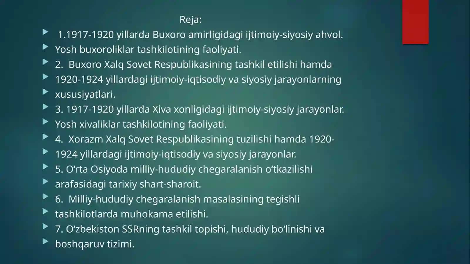 Xiva xonligi va Buxoro amirligining qizil armiya tomonidan tugatilishi. XXSR va BXSRning tashkil topishi. O‘rta Osiyoda Milliy hududiy chegaralanishning o‘tkazilishi 2
