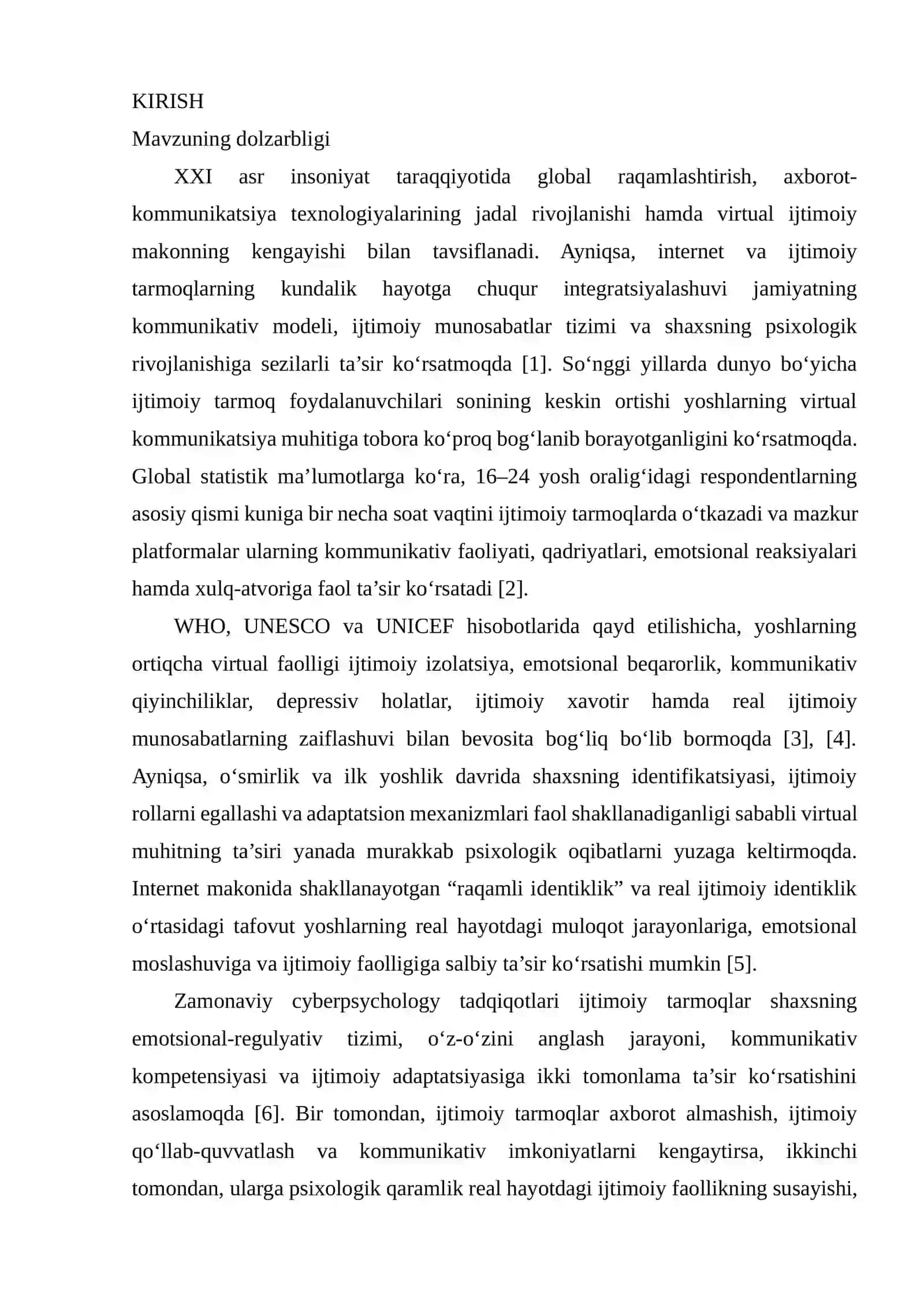 IJTIMOIY TARMOQLARNING YOSHLAR REAL HAYOTGA MOSLASHUVIGA PSIXOLOGIK TA’SIRI DISSERTATSIYA MUNDARIJASI 2