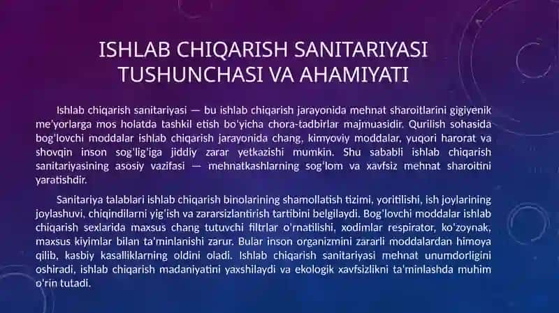 Bog‘lovchi moddalar ishlab chiqarishda ishlab chiqarish sanitariyasi, texnika xavfsizligi va ekologik xavfsizlik 2