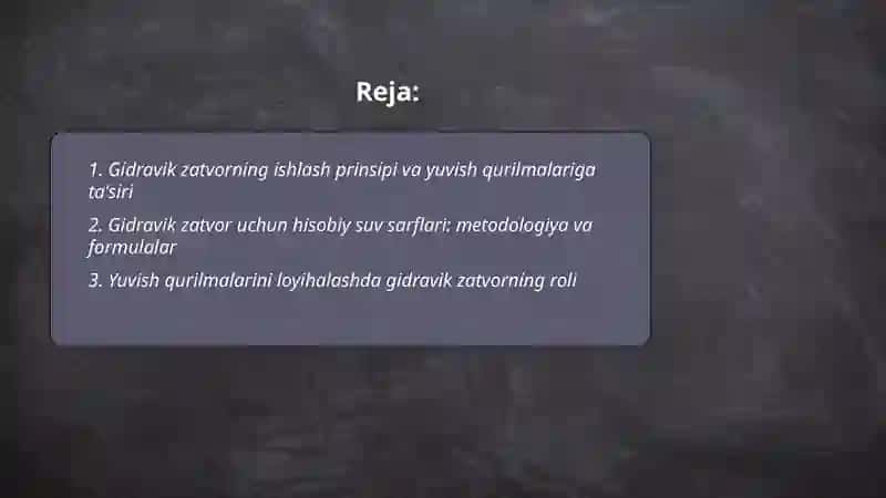 Gidravik zatvor hisobiy suv sarflari yuvish qurilmalari 2
