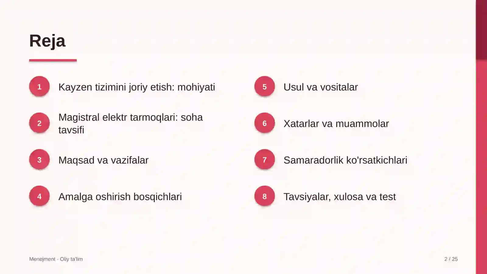 Magistral elektr tarmoqlarida kayzen tizimini joriy etish 2