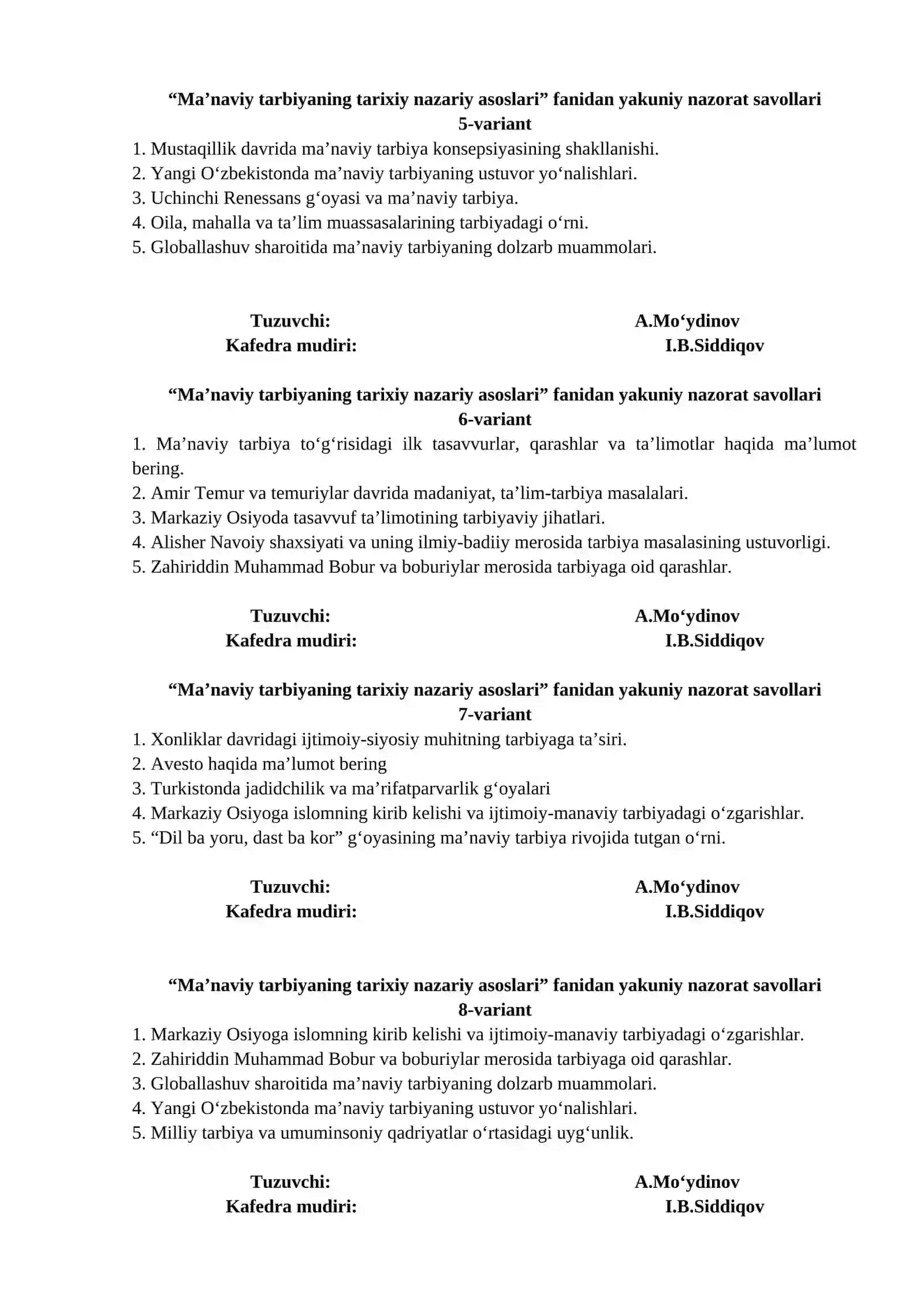 Ma’naviy tarbiyaning tarixiy nazariy asoslari (Variant 1) 2
