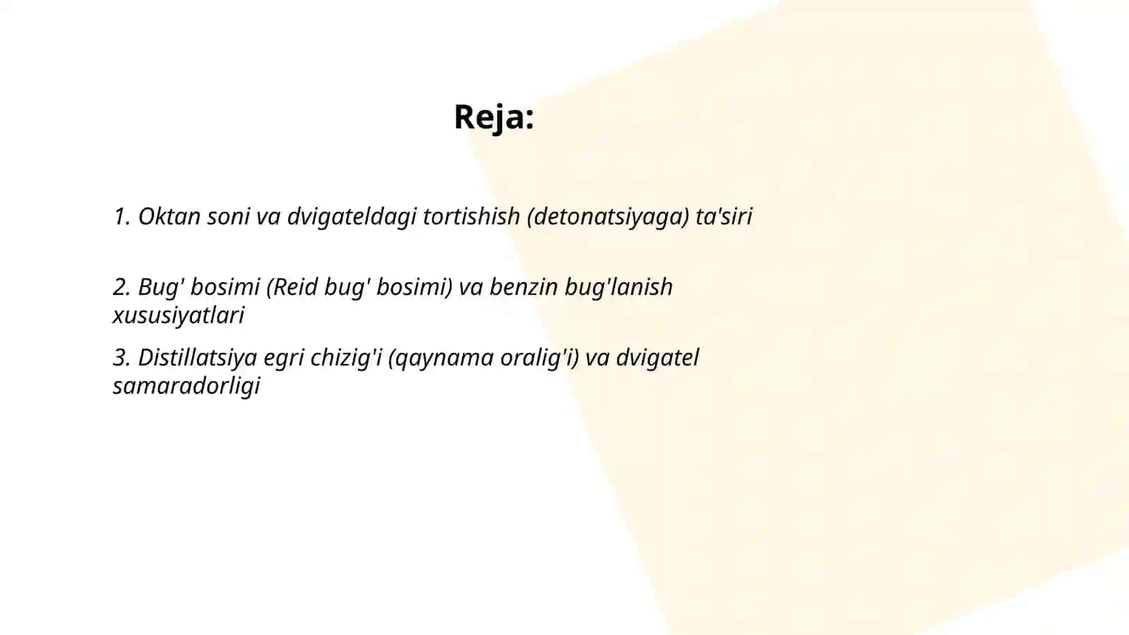 Benzinlarning fizik-kimyoviy xossalari va ularni dvigatel ishiga ta’siri 2