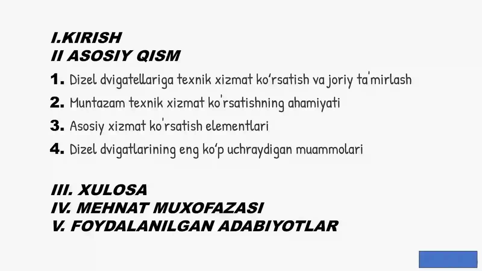 “Dizel dvigatellariga texnik xizmat koʻrsatish va joriy taʼmirlash” BMI 2