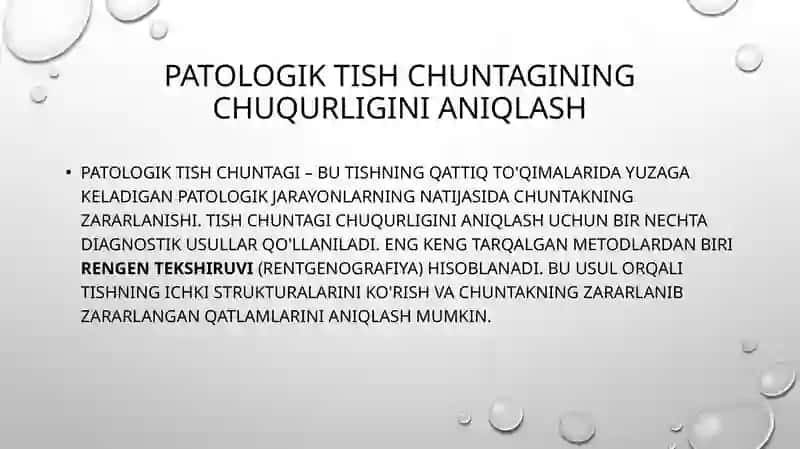Patologik tish cho‘ntagining chuqurligini aniqlash. Patologik tish qimirlashi va uning darjalari. Perkussiya turlari. 2