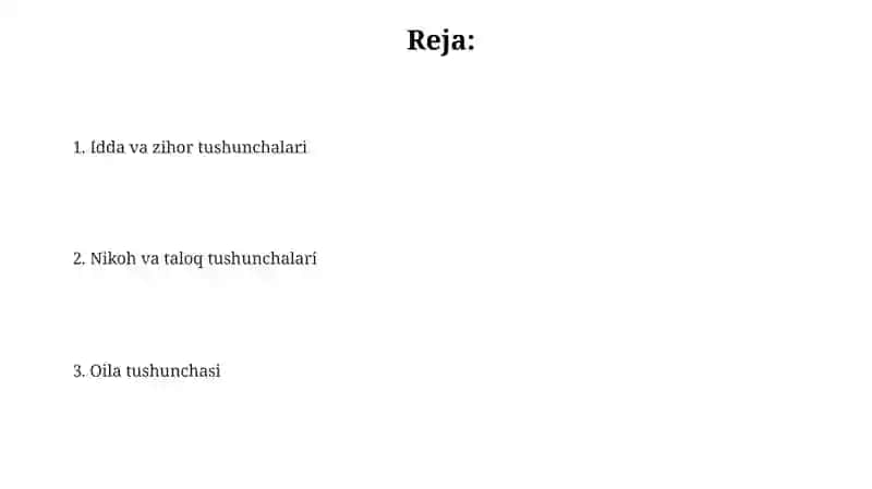 Islom huquqshunosligida oila, nikoh, taloq, idda, zihor tushunchalarini taʼriflash 2