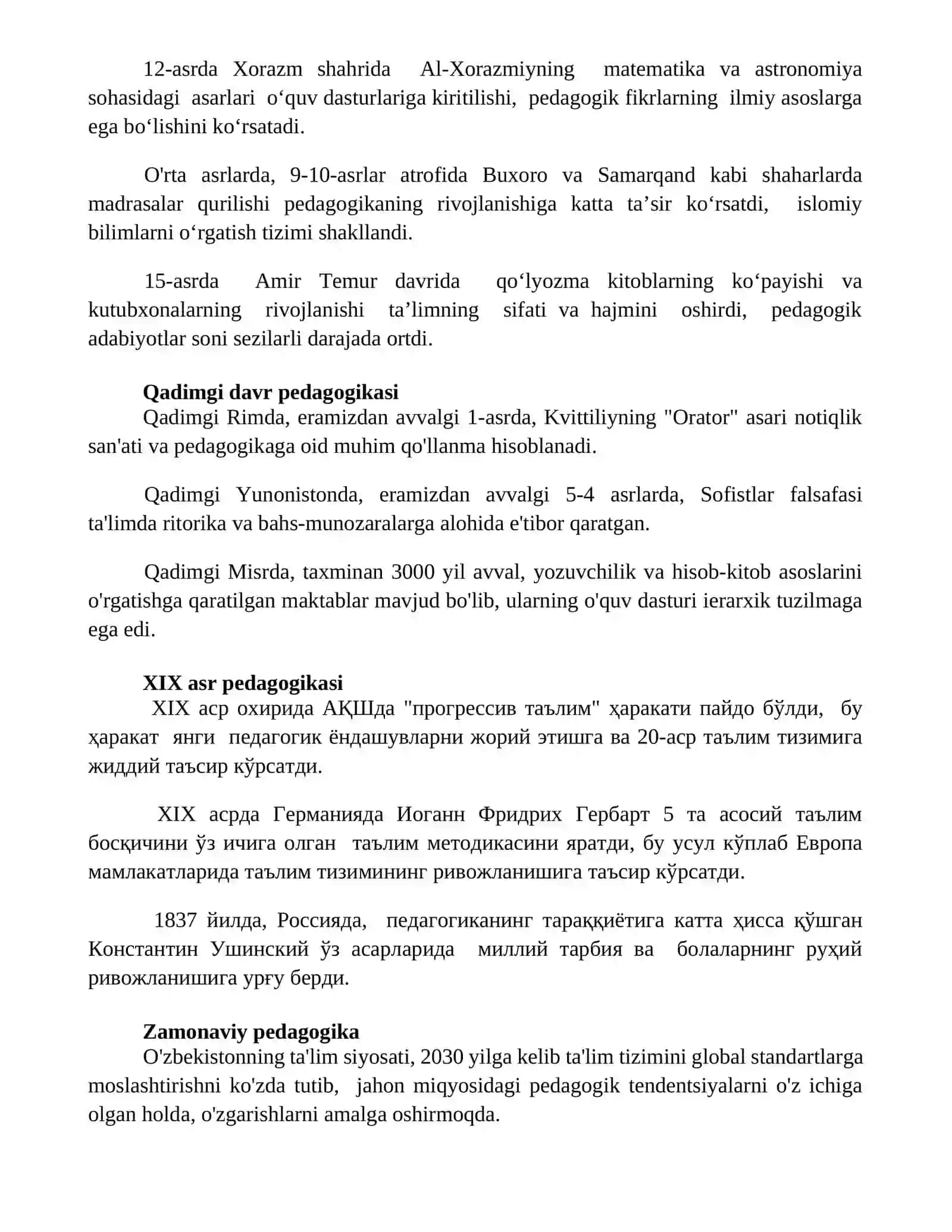 Jahon pedagogik fani rivojlanishi tarixining bayoni 2