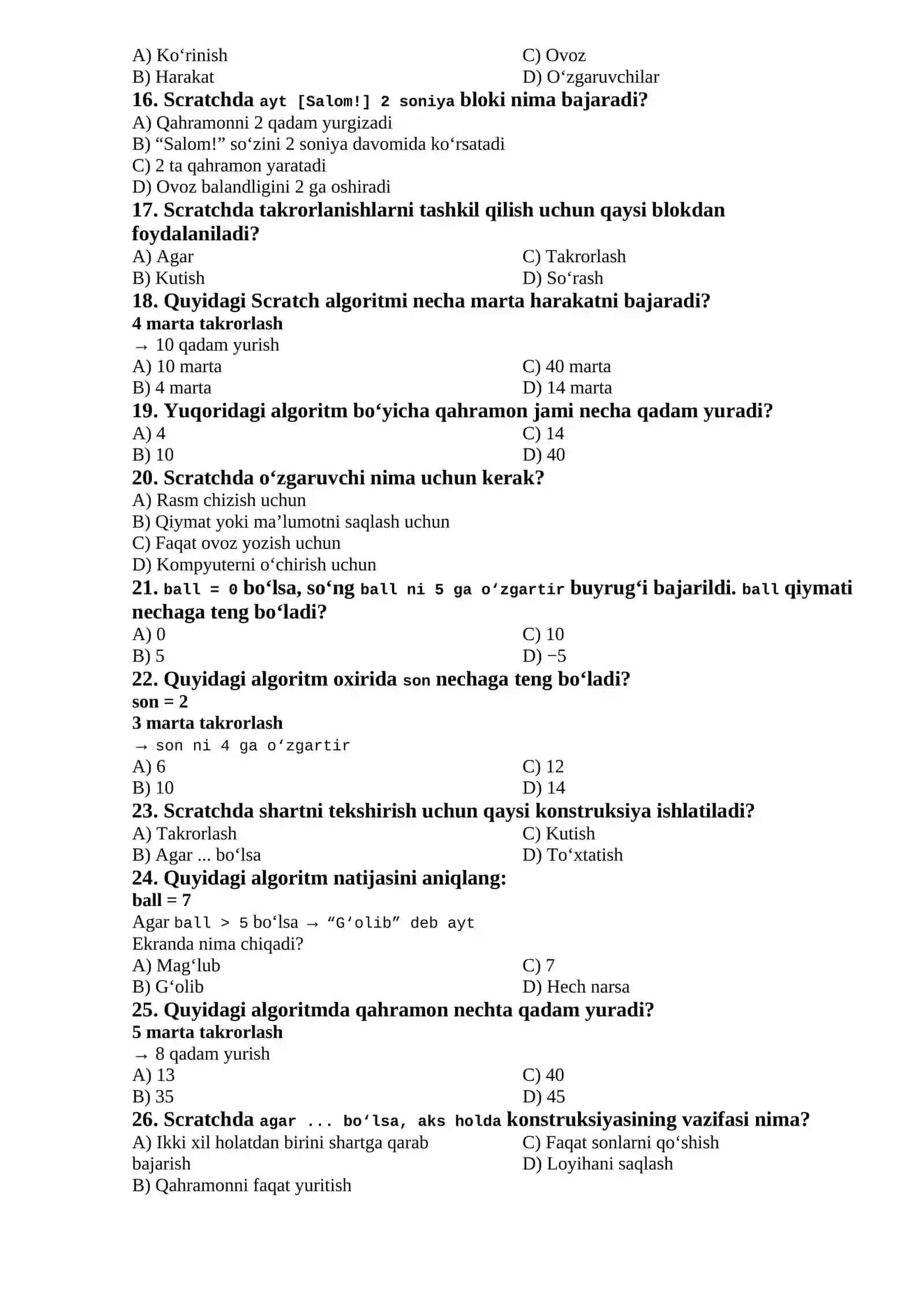 9-SINF INFORMATIKA FANIDAN MAKTAB OLIMPIADASI UCHUN TEST 2