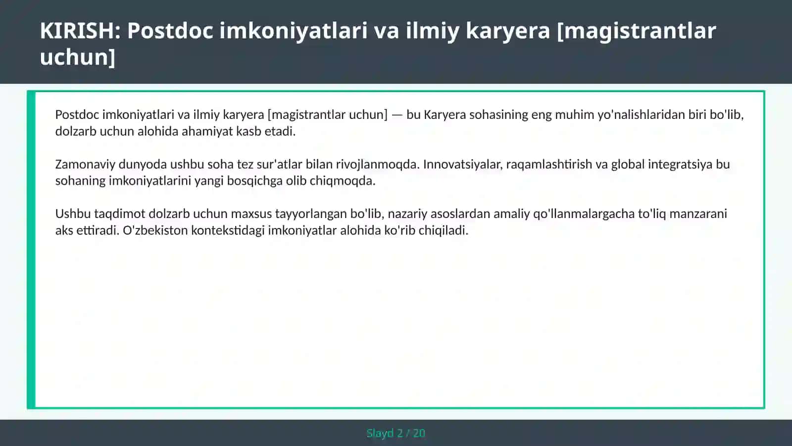 Postdoc imkoniyatlari va ilmiy karyera [magistrantlar uchun] 2
