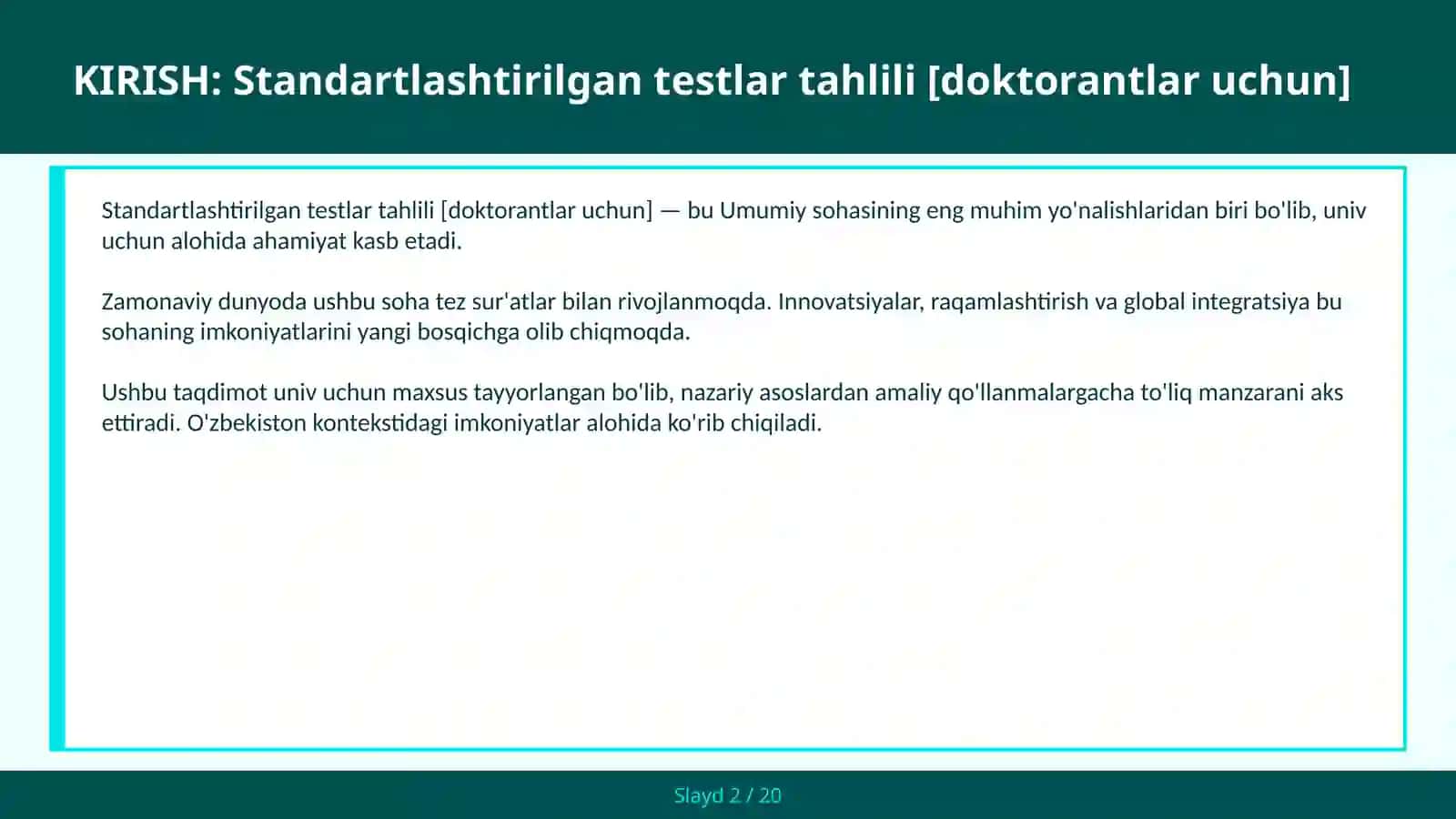 Standartlashtirilgan testlar tahlili [doktorantlar uchun] 2