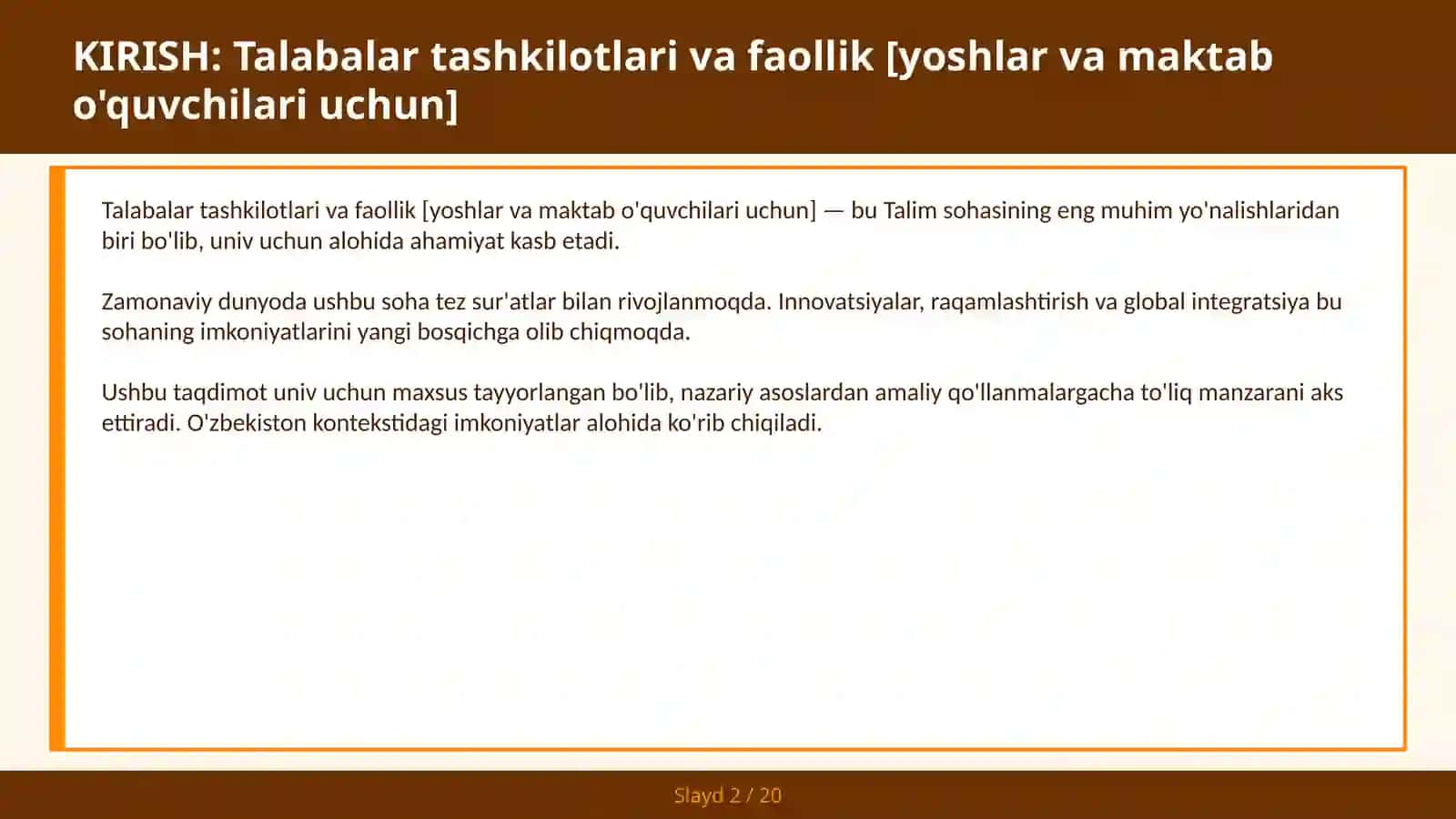 Talabalar tashkilotlari va faollik [yoshlar va maktab o'quvchilari uchun] 2