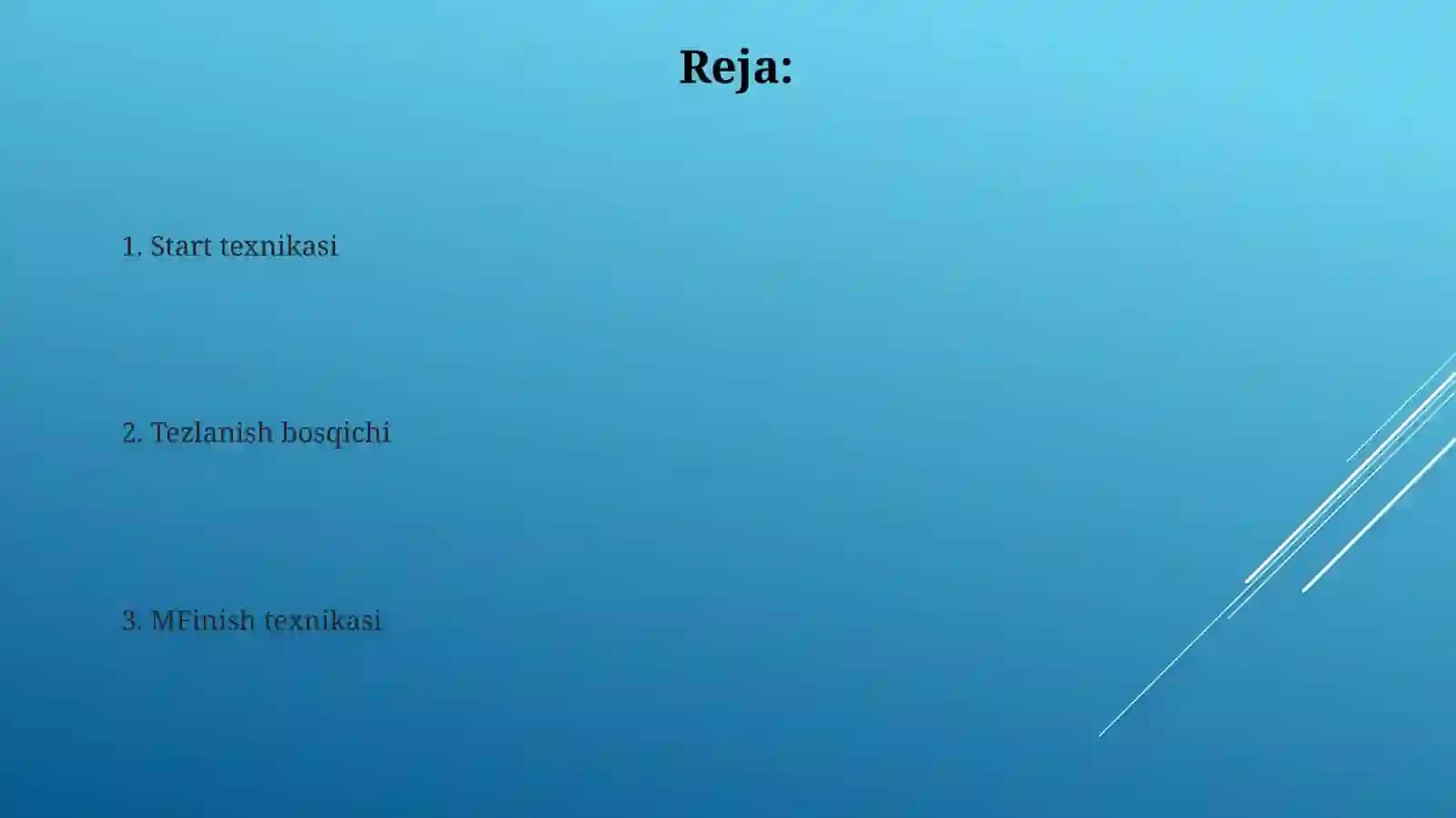 Yengil atletika: Qisqa masofaga yugurish texnikasini o'rgatish(60 100 metr) 2