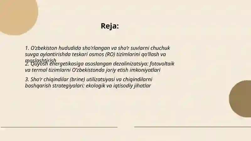 Oʻzbekiston hududida shoʻrlangan va shoʻr suvlarni chuchuk suvga aylantirishda teskari osmos (RO) tizimlarini qoʻllash va moslashtirish 2
