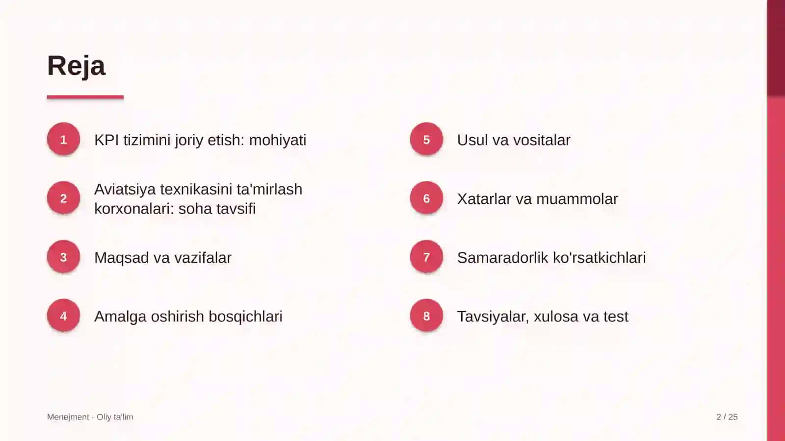 Aviatsiya texnikasini ta'mirlash korxonalarida asosiy samaradorlik ko'rsatkichlarini (KPI) joriy etish 2