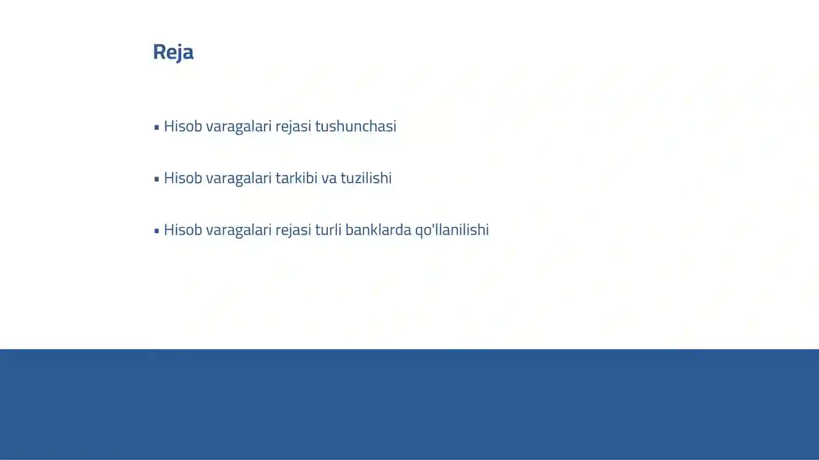 Banklarda qo'laniladigan hisob varagalari rejasi va uning tarkibi 2