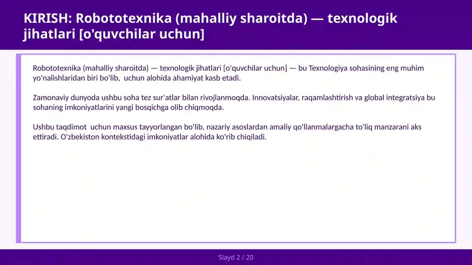 ROBOTOTEXNIKA (MAHALLIY SHAROITDA) — TEXNOLOGIK JIHATLARI [O'QUVCHILAR UCHUN] 2