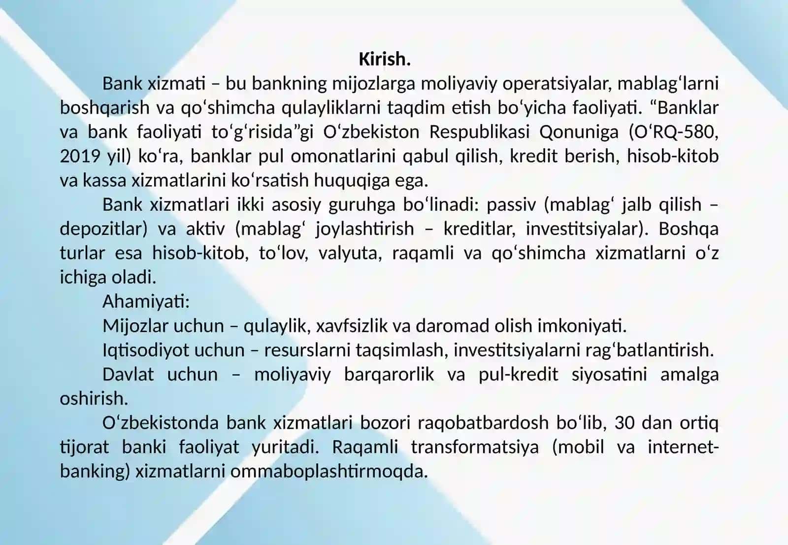 Mijozlarga koʻrsatilgan bank xizmatlarning boshqa turlari va ularni huquqiy tartibga solish 2