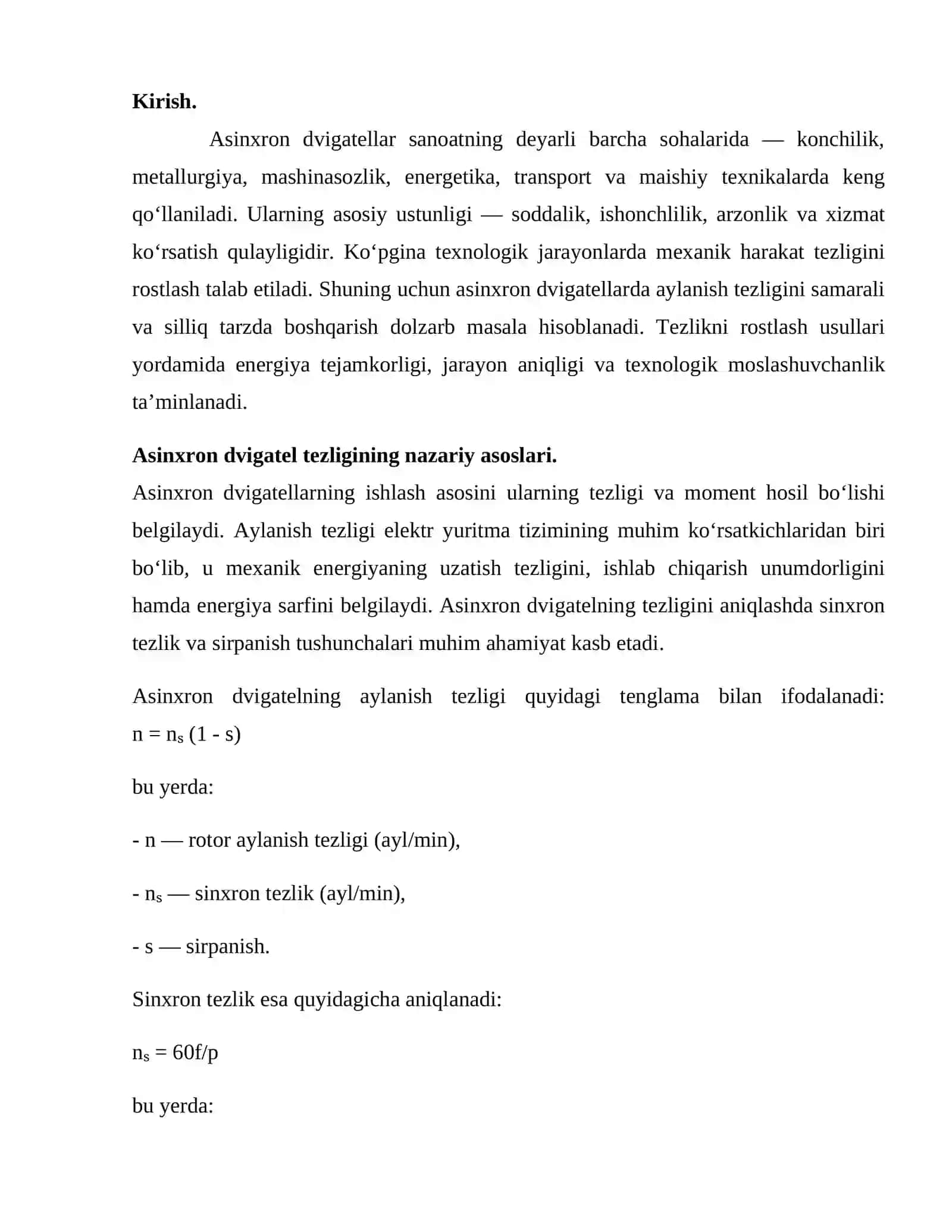 Asinxron dvigatellarda tezlikni rostlash usullari 2