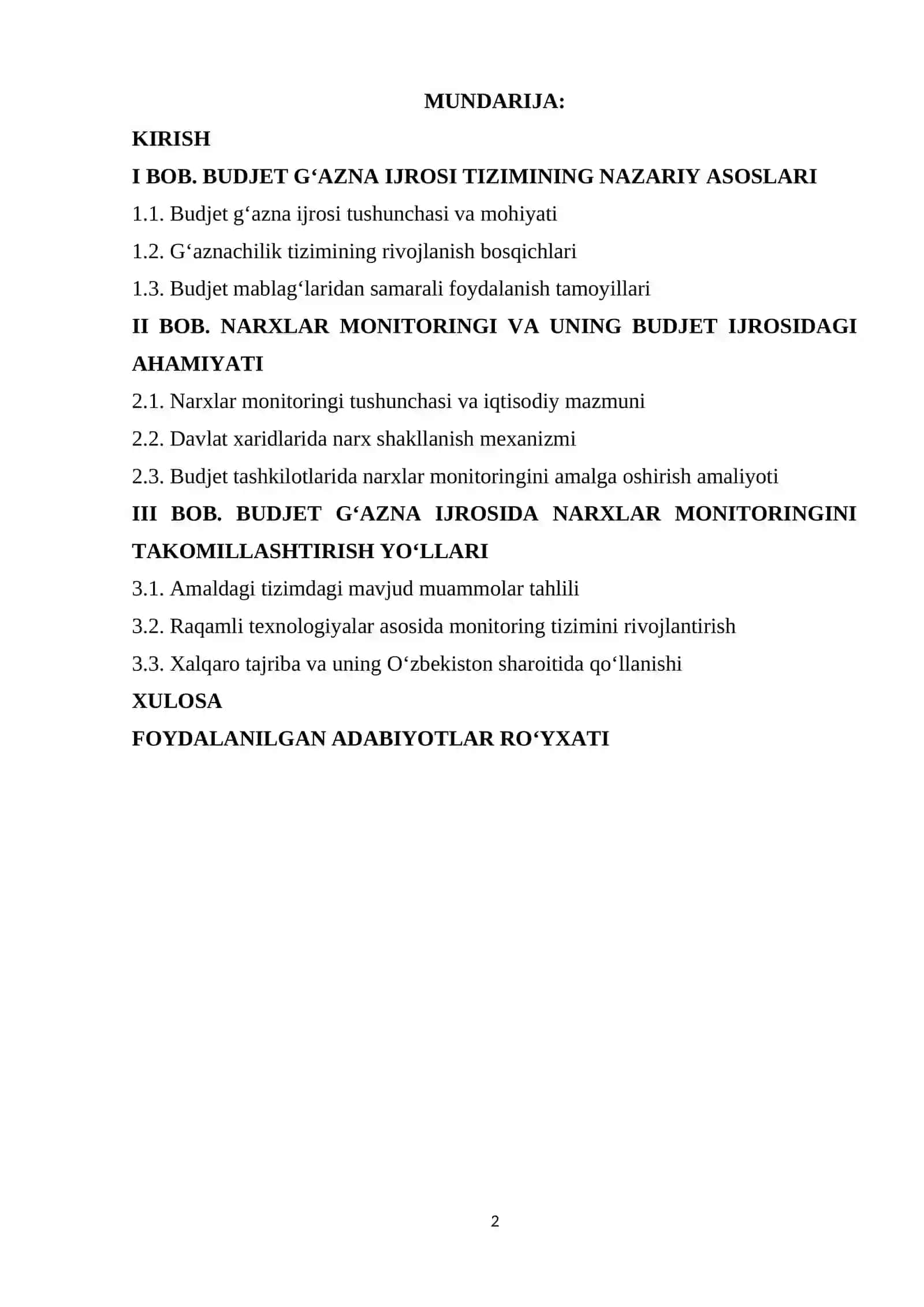 BUDJET G'AZNA IJROSIDA NARXLAR MONITORINGI OLIB BORILISHINI TAKOMILLASHTIRISH 2