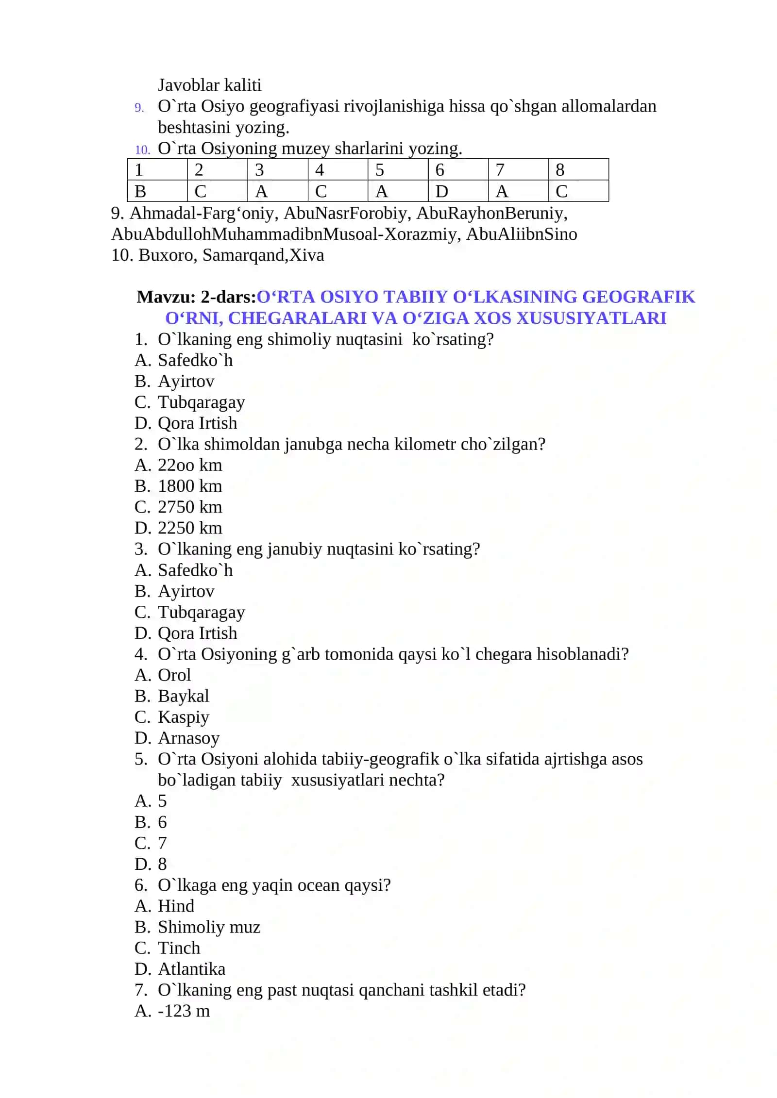 7-sinf Geografiya fanidan mavzular bo’yicha testlar to’plami 2