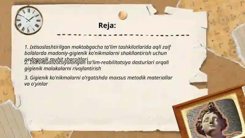 Ixtisoslashtirilgan maktabgacha ta'lim tashkilotlarida aqli zaif bolalarda madaniy-gigientik malakalarni shakllantirish uchun sharoitlari 2