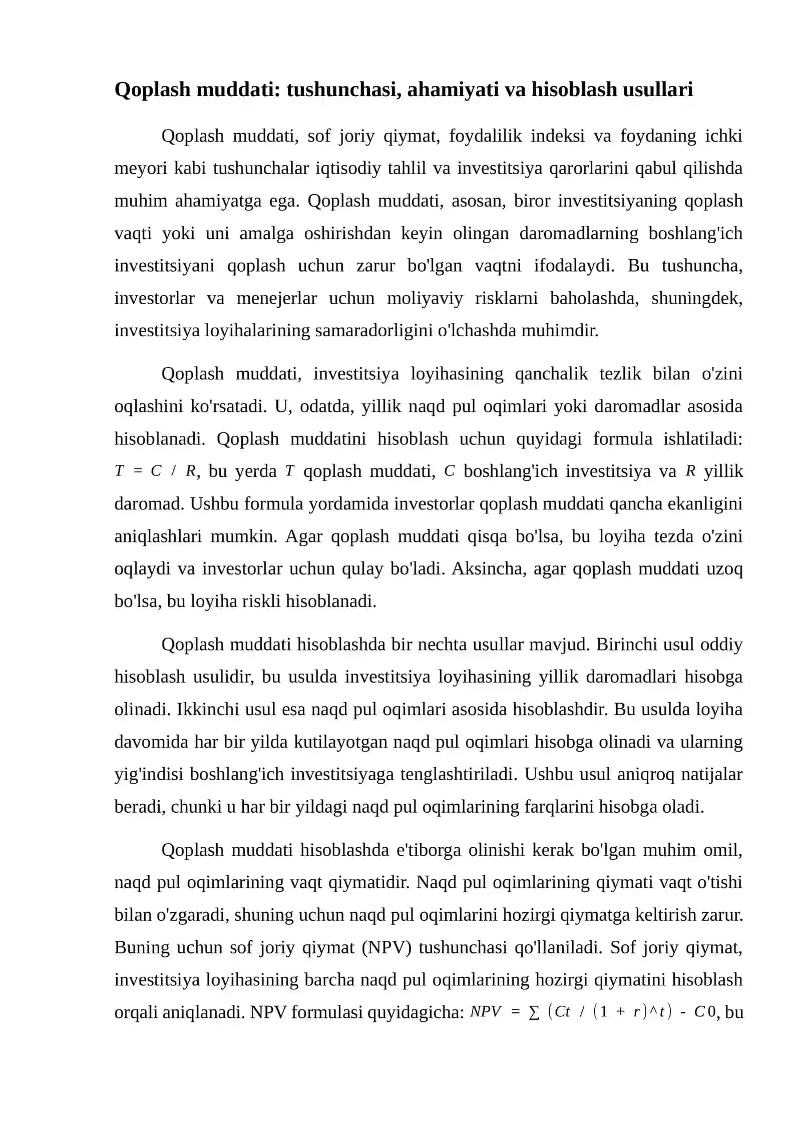 Qoplash muddati, sof joriy qiymat, foydalilik indeksi va foydaning ichki meyori 2