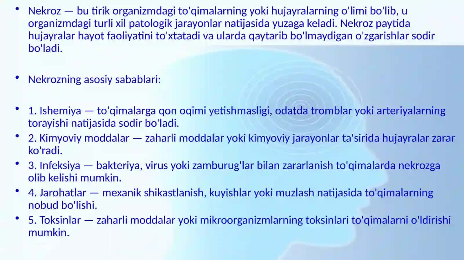Nekroz. Apoptoz. Nukleoproteidlar, minerallar almashinuvining buzilishining morfologiyasi. Tish karashlari, kutikula, tish blyashkasining pellikulasi, emal va milkning hamda tish toshlarining patomorfologiyasi. Solak tosh kasalligi. Tish emalining kislotali nekrozi 2