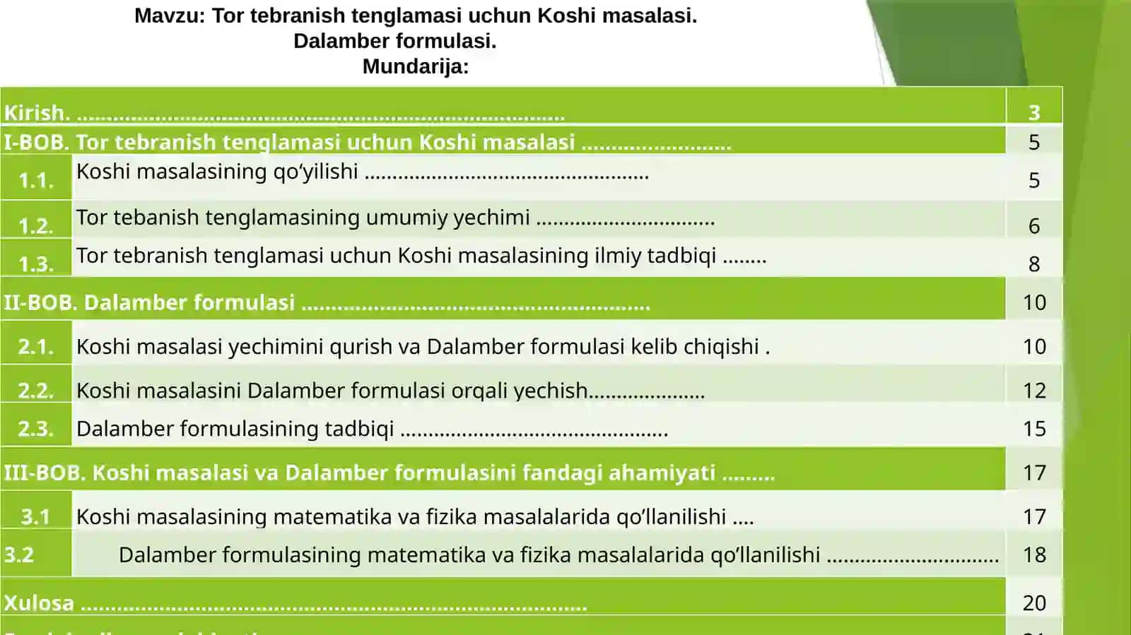 Koshi masalasi va tor tebranish tenglamasi 2