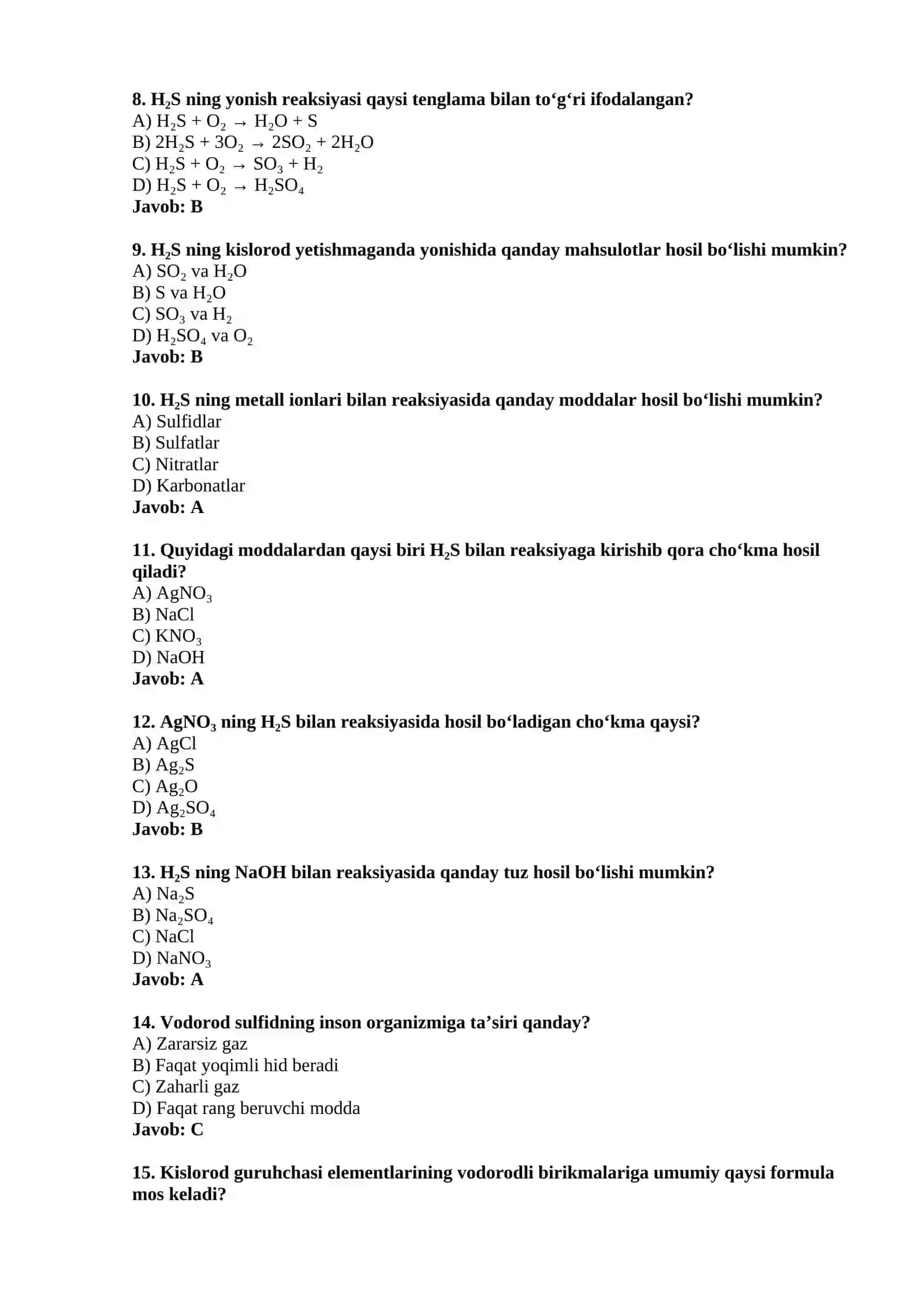 Oltingugurtning vodorodli birikmalari 2