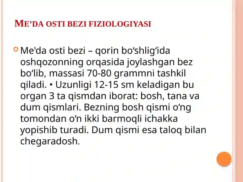 JIGARNING HAZM JARAYONIDAGI RO’LI.O’T- SAFRO AJRALISHI VA O’TNING XOSSALARI. ME’DA OSTI BEZI FIZIOLOGIYASI.PANKREATIK SEKRETSIYA 2