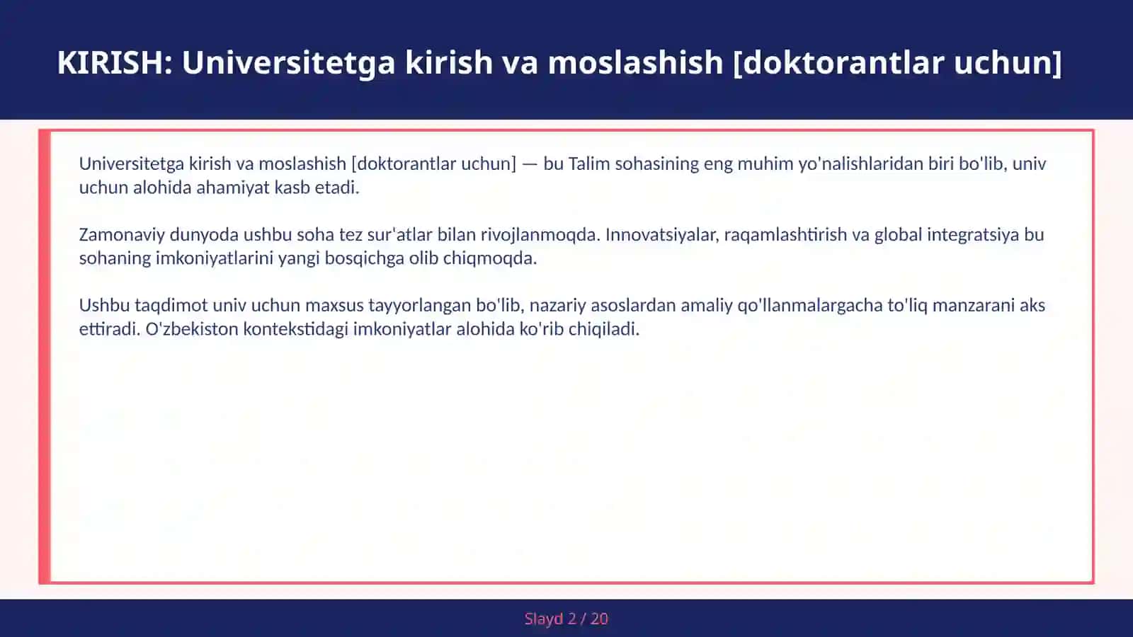 Universitetga kirish va moslashish [doktorantlar uchun] 2